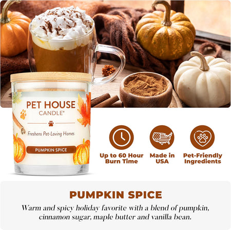 - 100% Natural Soy Wax Candle - Pet Odor Eliminator, up to 60 Hours Burn Time, Non-Toxic, Eco-Friendly Reusable Glass Jar Scented Candles – Pumpkin Spice - Pack of 2
