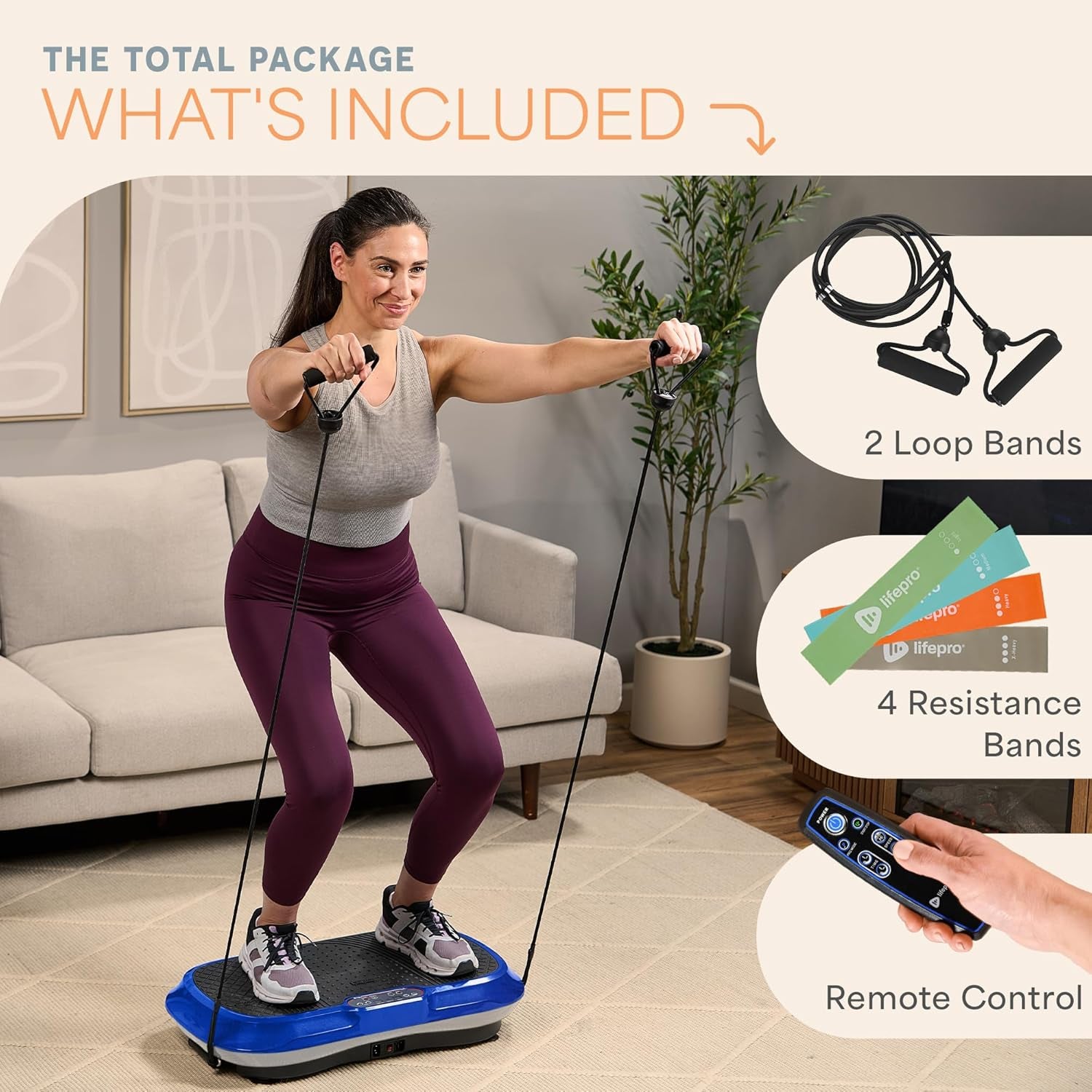 Vibration Plate Exercise Machine Silver- Whole Body Workout Vibration Fitness Platform W/ Loop Bands - Home Training Equipment - Remote, Balance Straps, Videos & Manual