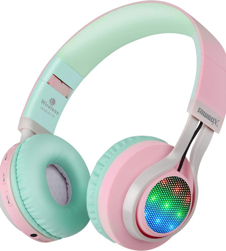 WT-7S Bluetooth Headphones Light Up, Foldable Stero Wireless Headset with Microphone and Volume Control for Pc/Cell Phones/Tv/Ipad (Pink Green)